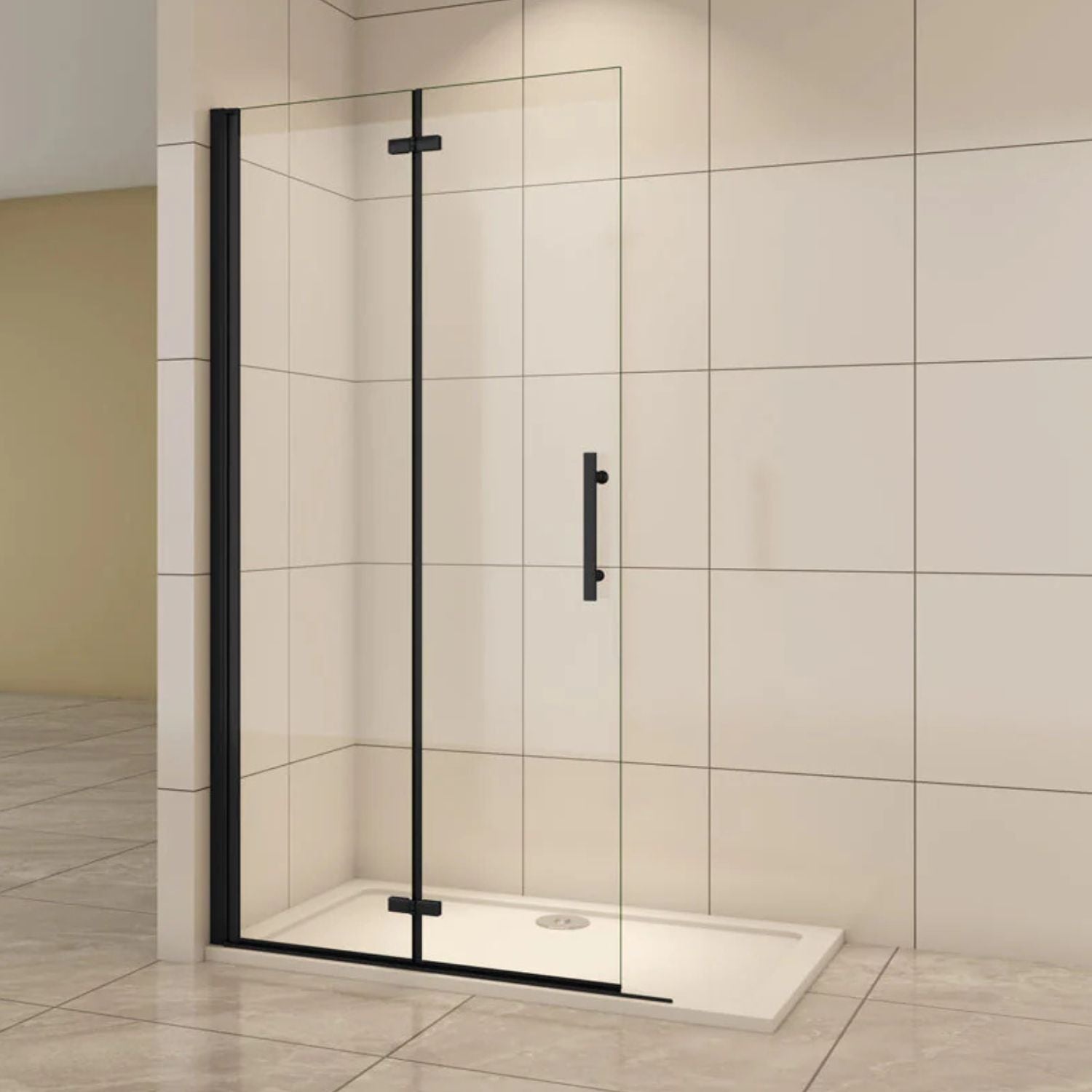 Skladacie walk-in sprchové dvere čierne – číre sklo, moderný minimalistický dizajn