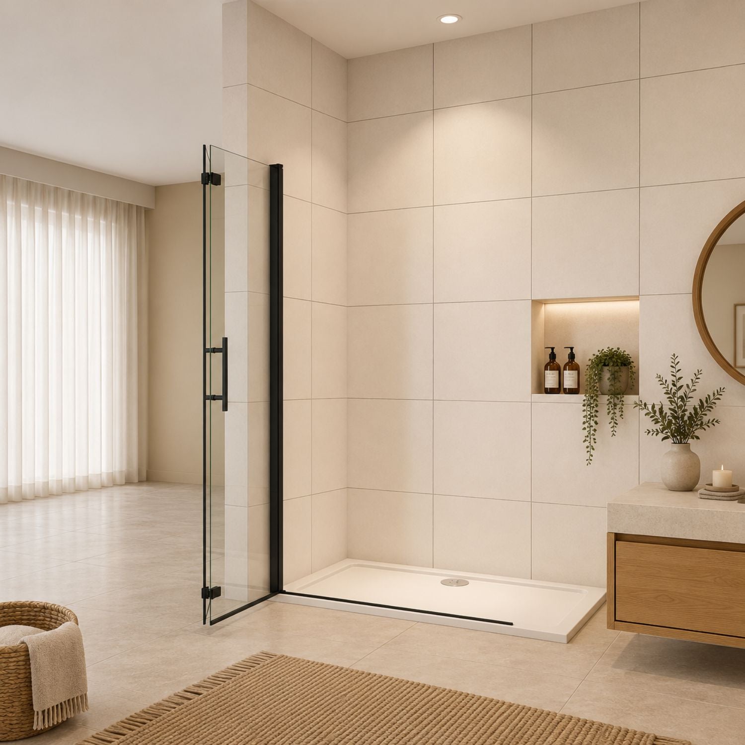 Skladacie walk-in sprchové dvere čierne – bočný pohľad, tenký profil