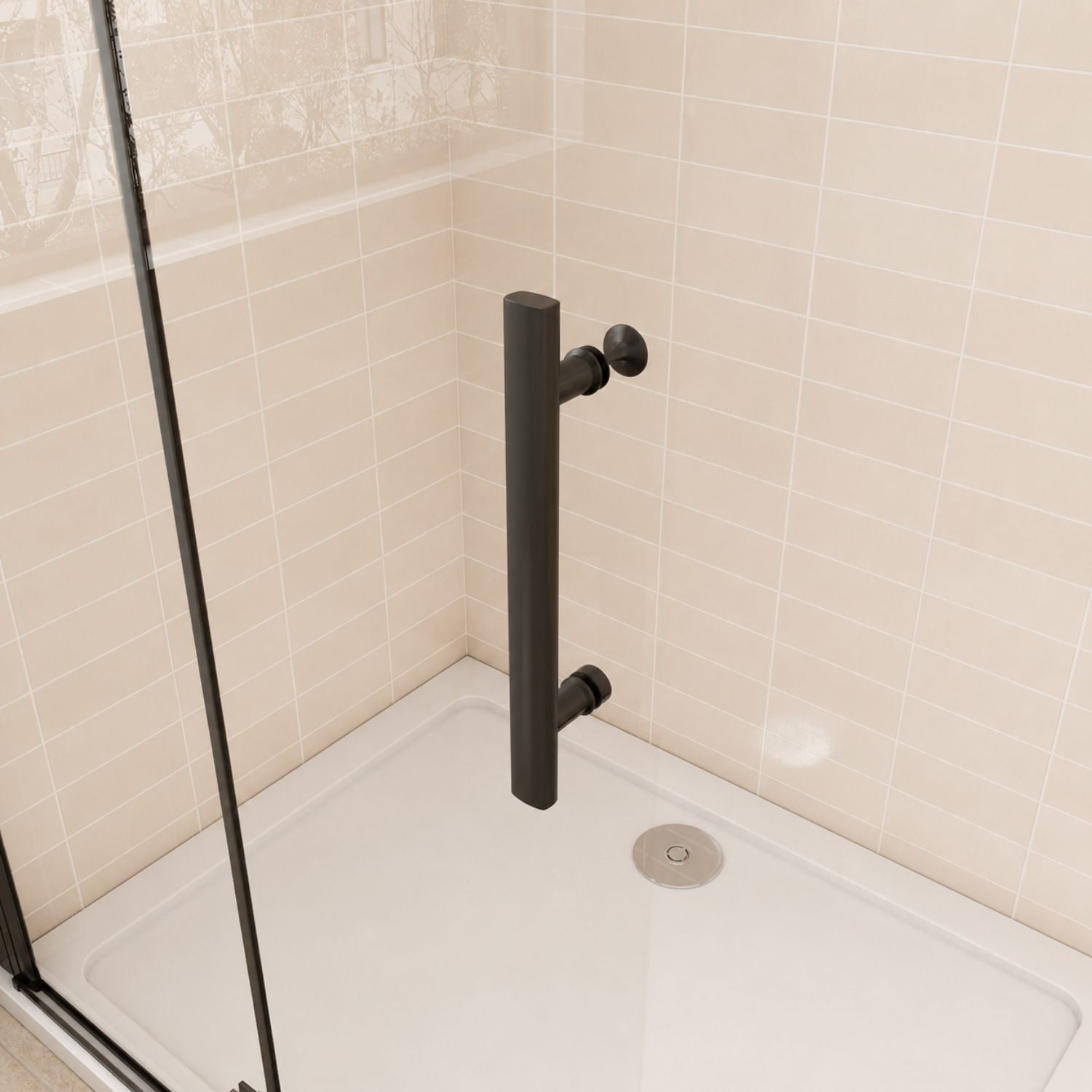 Skladacie walk-in sprchové dvere čierne – číre sklo,detailný pohľad na madlo