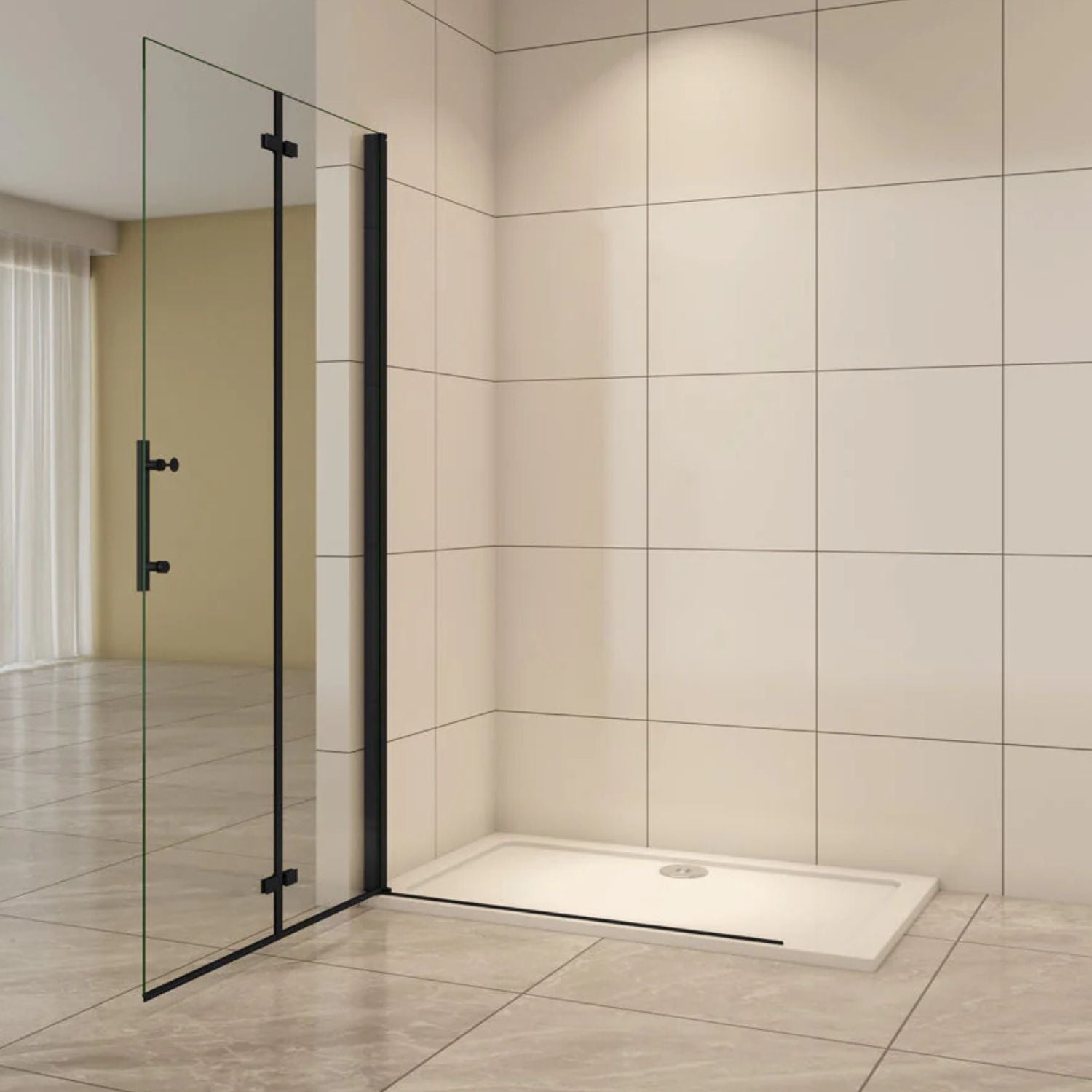 Skladacie walk-in sprchové dvere čierne – otvorené dvere, číre sklo