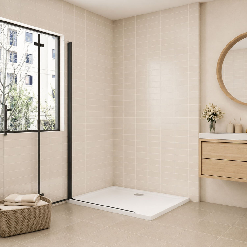 Skladacie walk-in sprchové dvere čierne – otvorené dvere, číre sklo