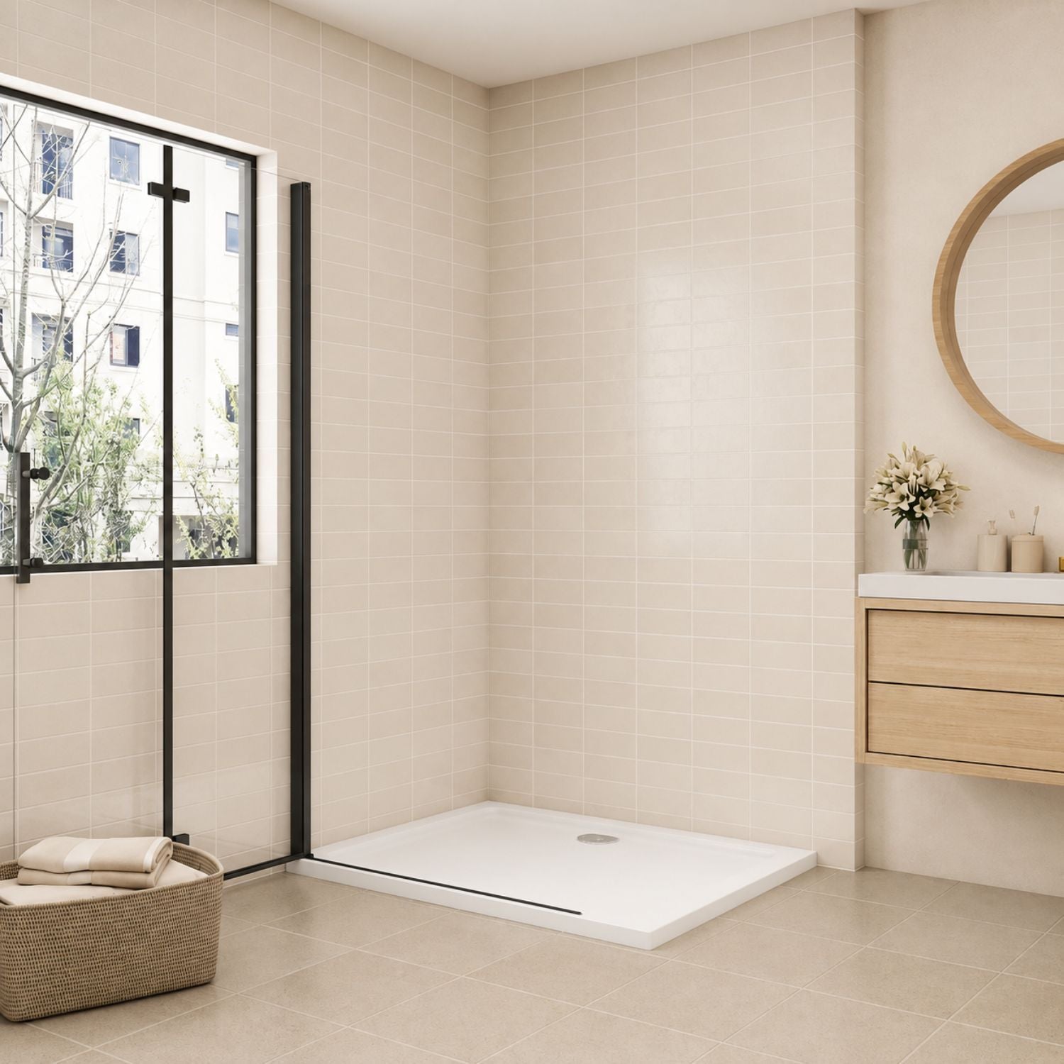 Skladacie walk-in sprchové dvere čierne – otvorené dvere, číre sklo