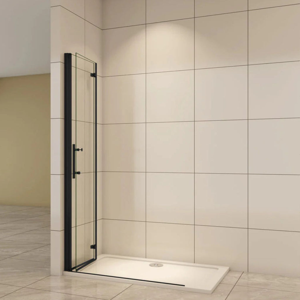 Skladacie walk-in sprchové dvere čierne – zložené ku stene pre úsporu priestoru