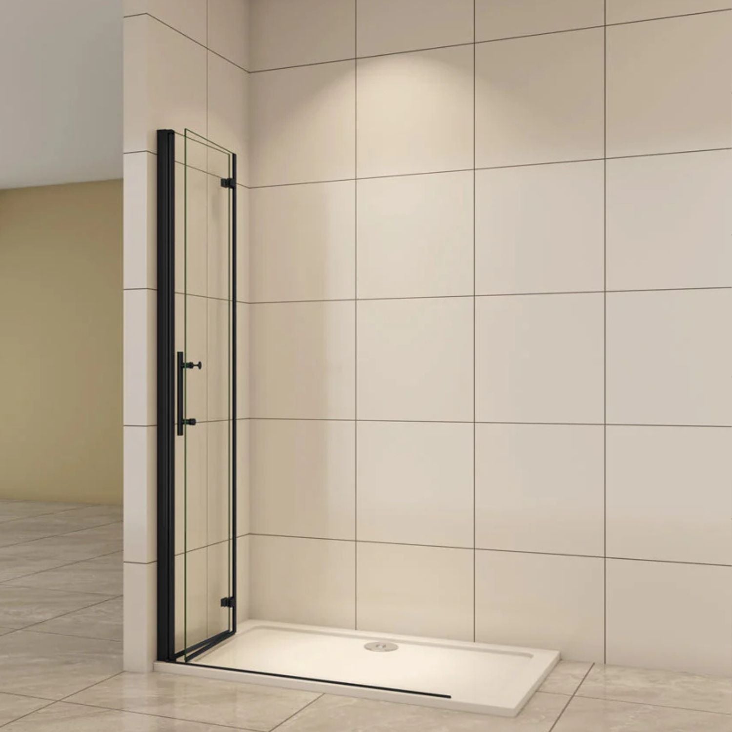 Skladacie walk-in sprchové dvere čierne – zložené ku stene pre úsporu priestoru