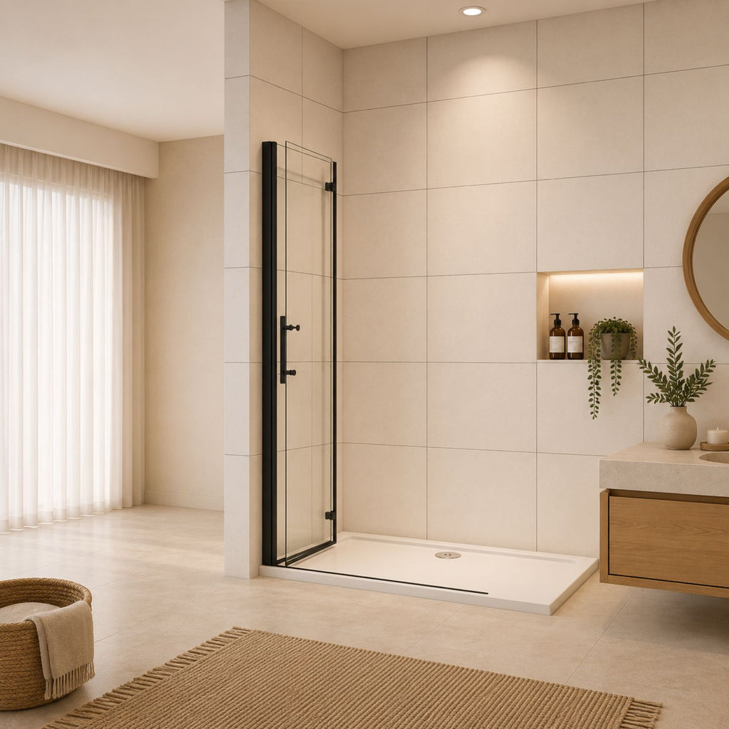 Skladacie walk-in sprchové dvere čierne – zložené ku stene pre úsporu priestoru