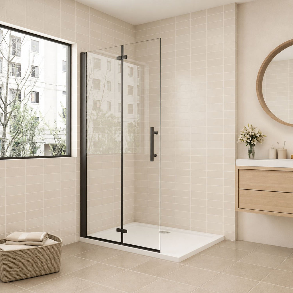 Skladacie walk-in sprchové dvere čierne – číre sklo, moderný minimalistický dizajn
