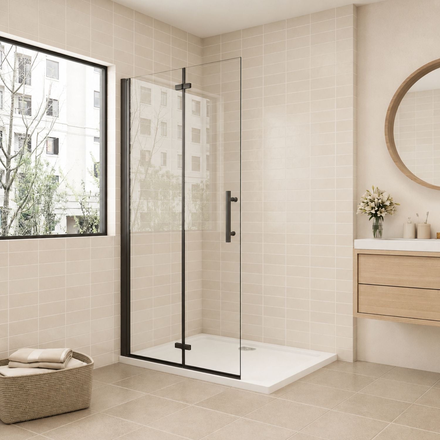 Skladacie walk-in sprchové dvere čierne – číre sklo, moderný minimalistický dizajn