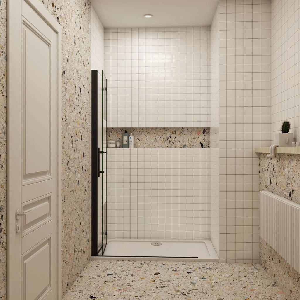 Skladacie walk-in sprchové dvere čierne – zložené ku stene pre viac priestoru