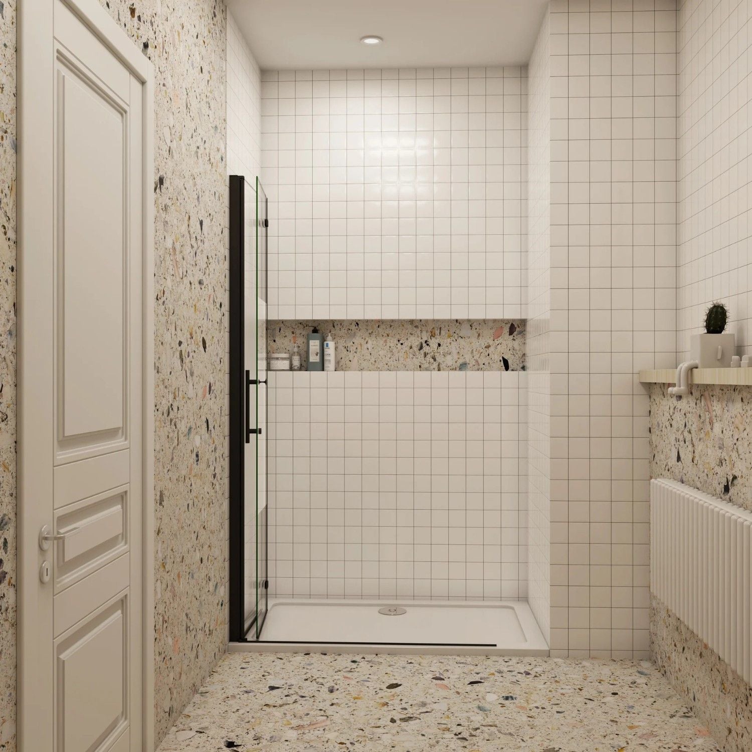 Skladacie walk-in sprchové dvere čierne – zložené ku stene pre viac priestoru