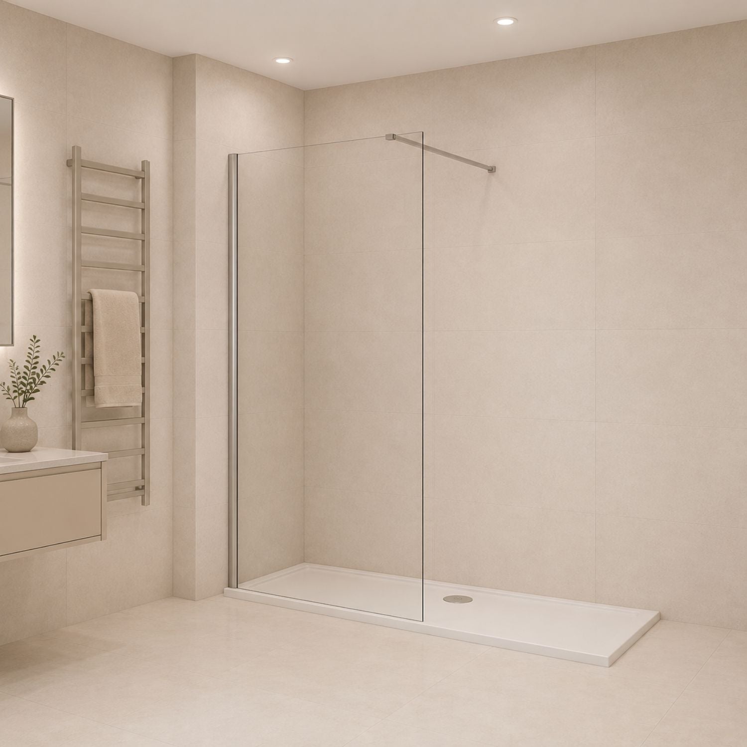 Walk-in sprchová zástena s plochou vzperou, čírym 8 mm sklom
